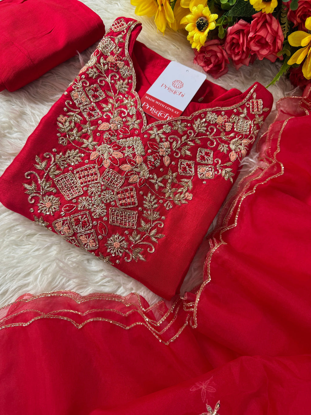 Red Embroidered kurta set with dupatta