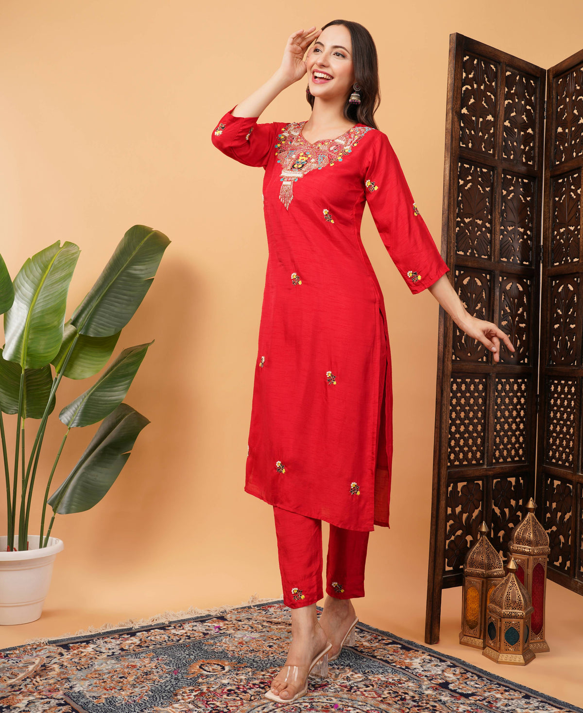 Red Designer Embroidered Ethnic Kurta Set with Pant & Dupatta
