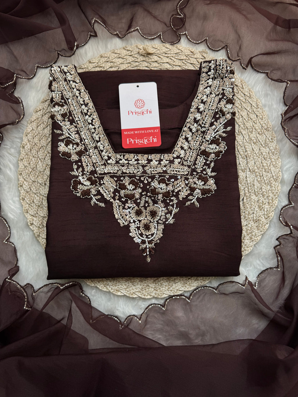 Brown hand embroidered kurta pant with dupatta