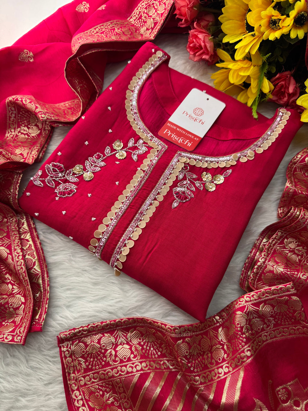 Pink Designer Embroidered Ethnic Kurta Set with Pants & Floral Dupatta
