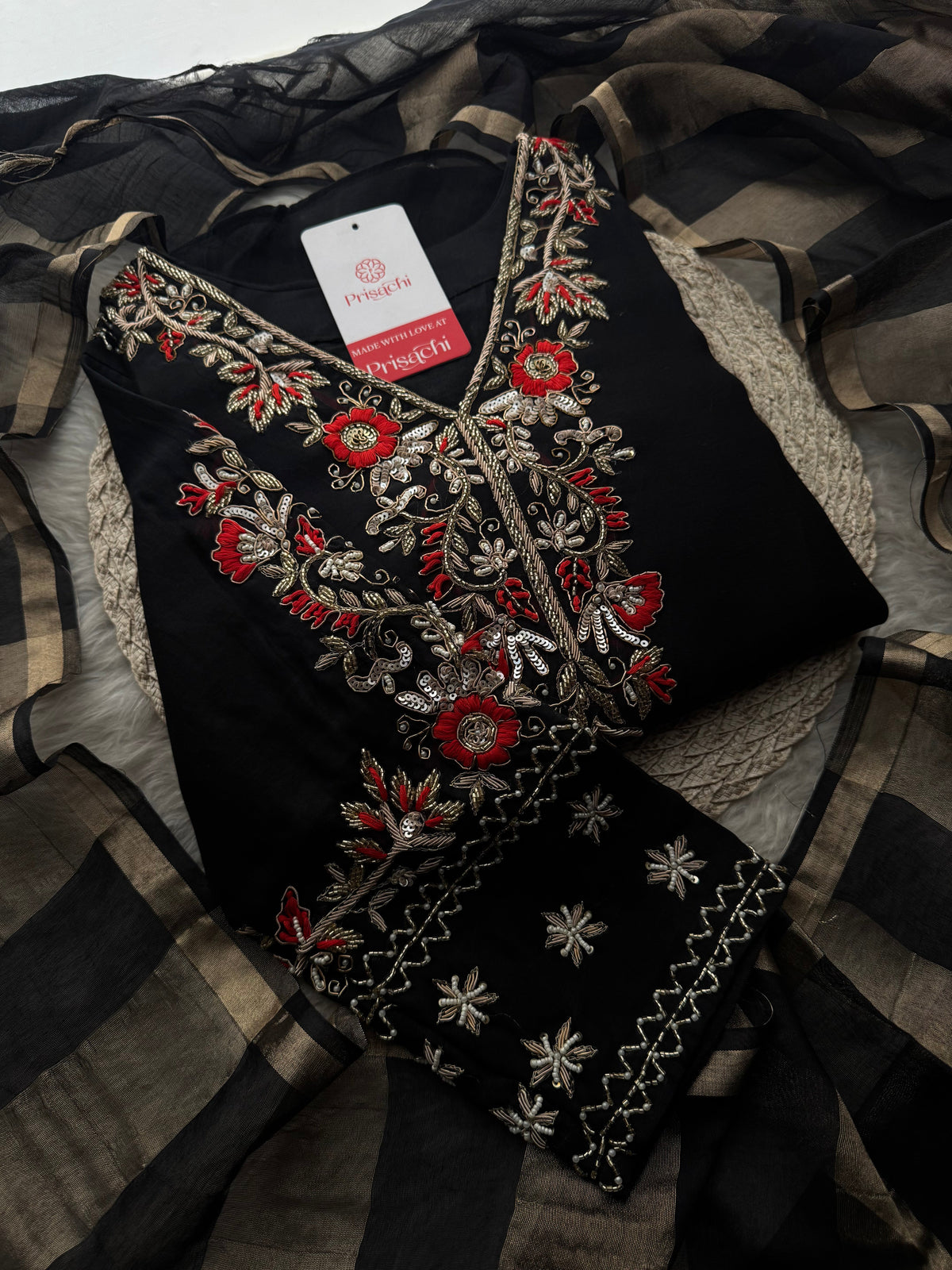 Black Embroidered Ethnic Kurta Set for Women with Pants & Dupatta