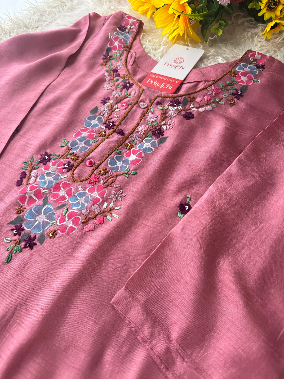 Pink Hand embroidered kurta set with dupatta