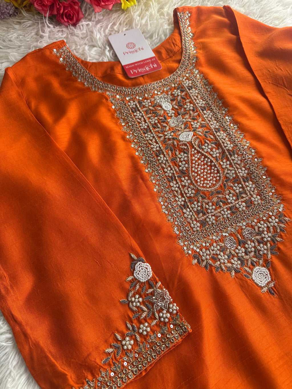 Orange  Designer embroidered kurta set with dupatta