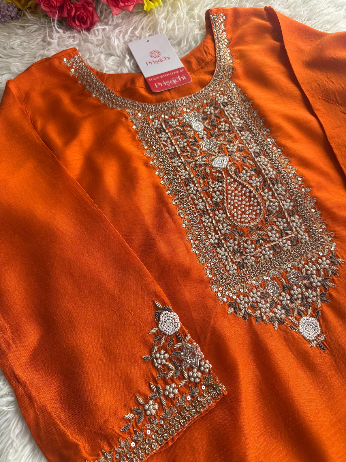 Orange  Designer embroidered kurta set with dupatta