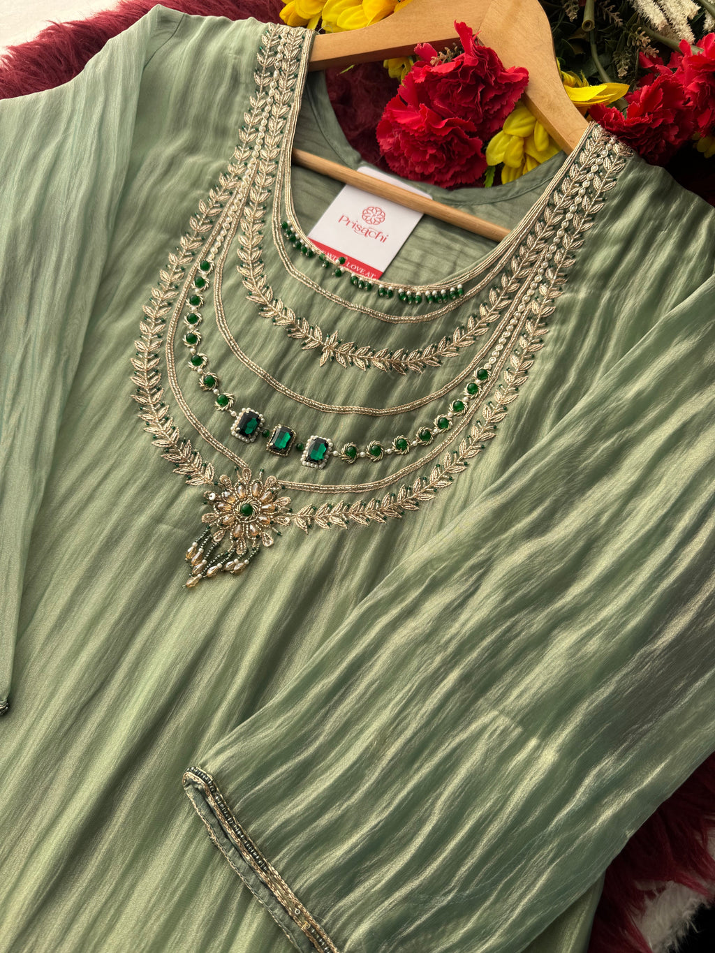 Green Zardozi Embroidered Ethnic A-Line Kurta Set for Women with Pants & Dupatta