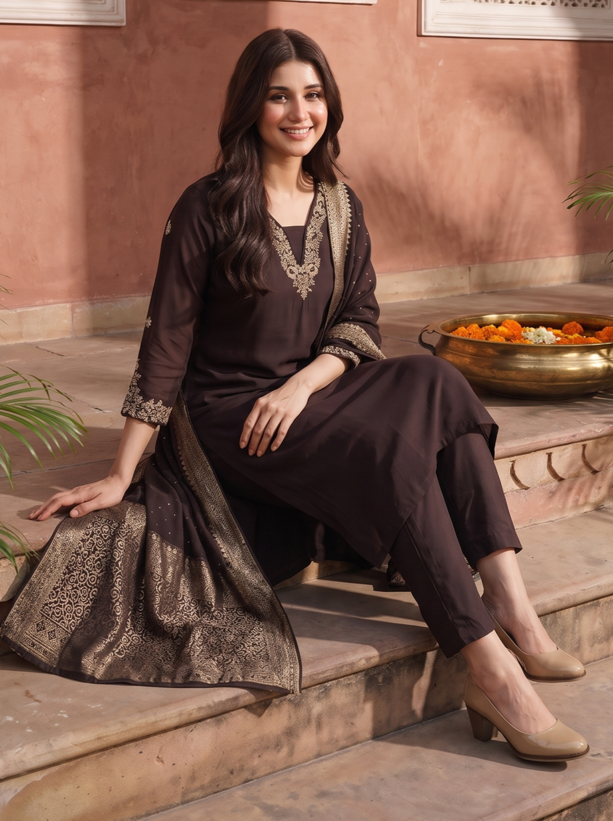 Brown Zardozi Embroidered Kurta Set with Banarasi Dupatta & Pants |Festive Ethnic Suit