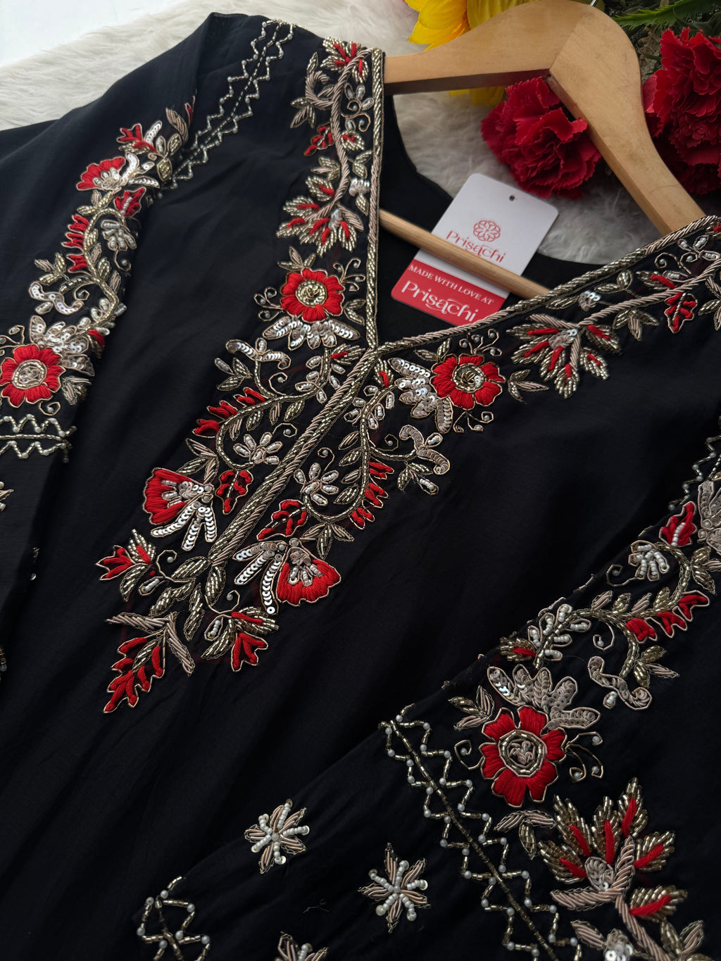 Black Embroidered Ethnic Kurta Set for Women with Pants & Dupatta