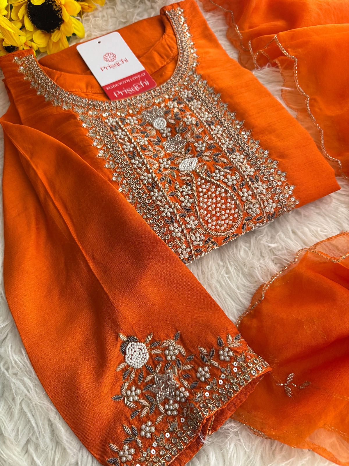 Orange  Designer embroidered kurta set with dupatta