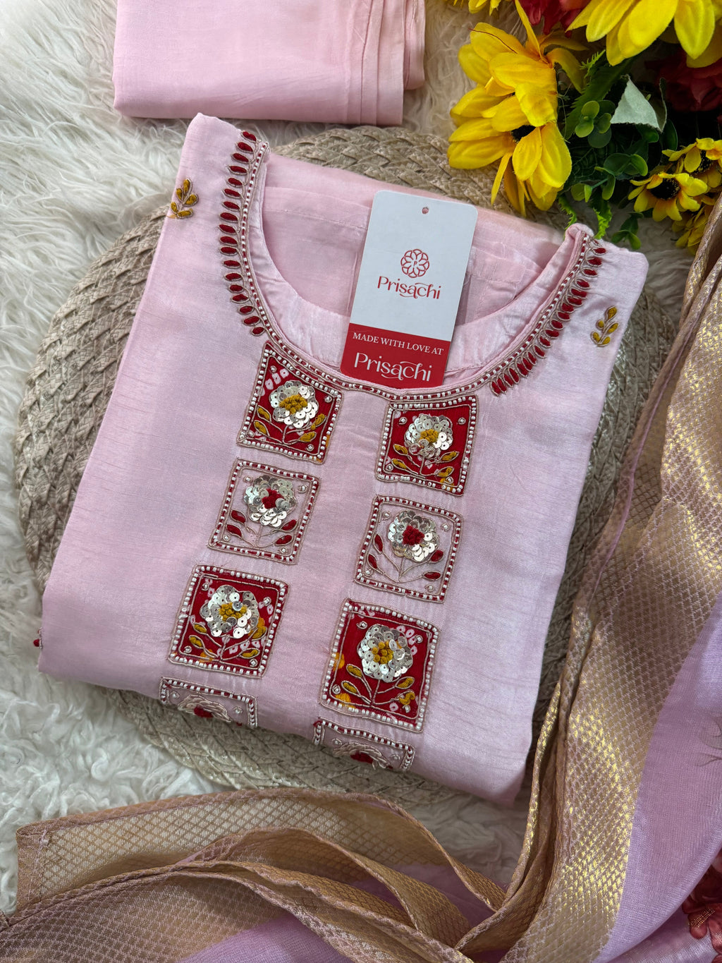 Pink Embroidered kurta set with dupatta