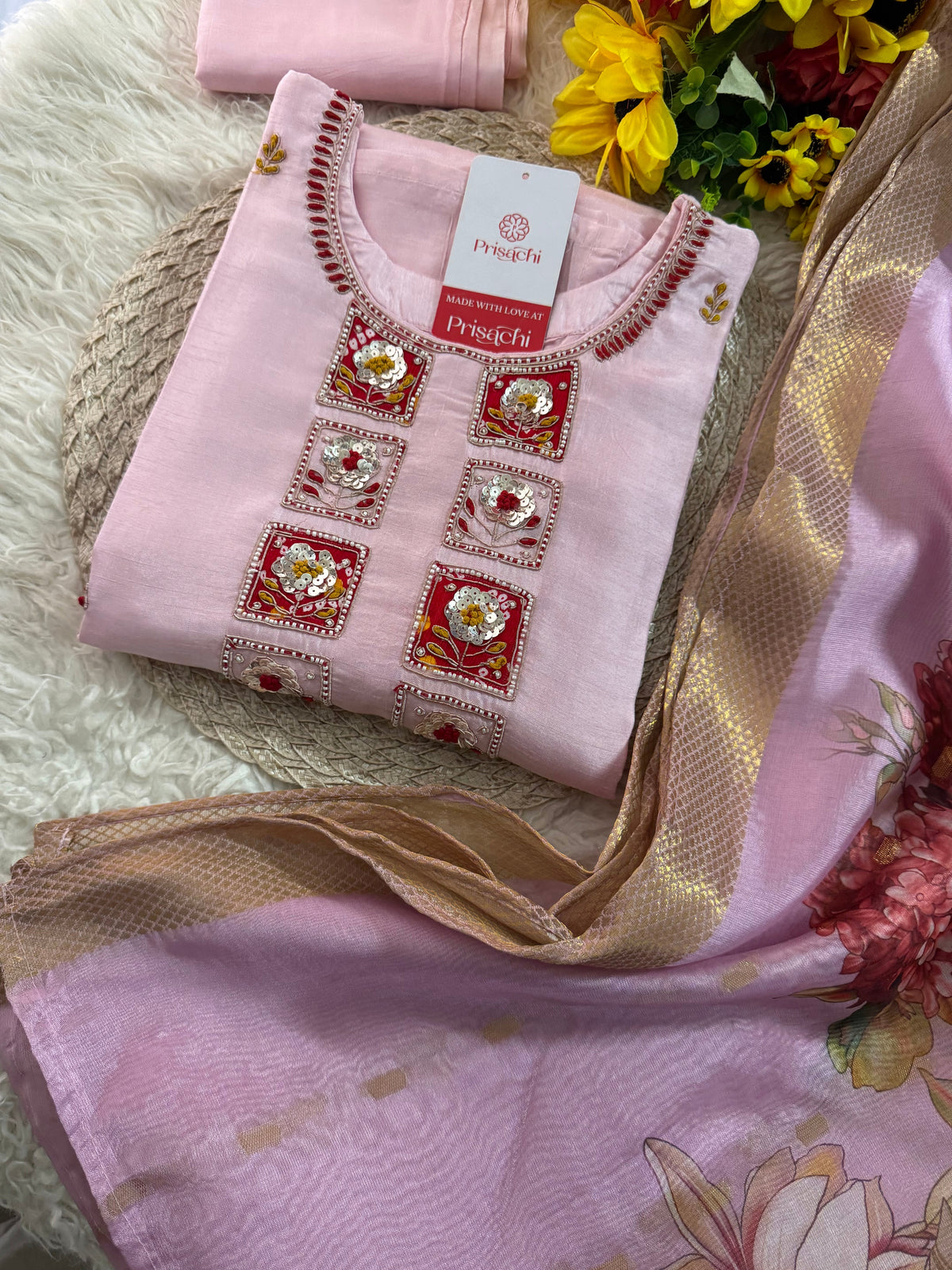 Pink Embroidered kurta set with dupatta