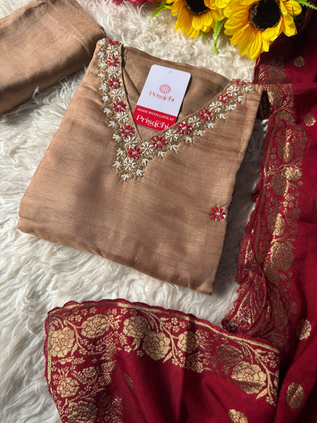 Brown Designer Kurti pant  with Banarasi Duptta