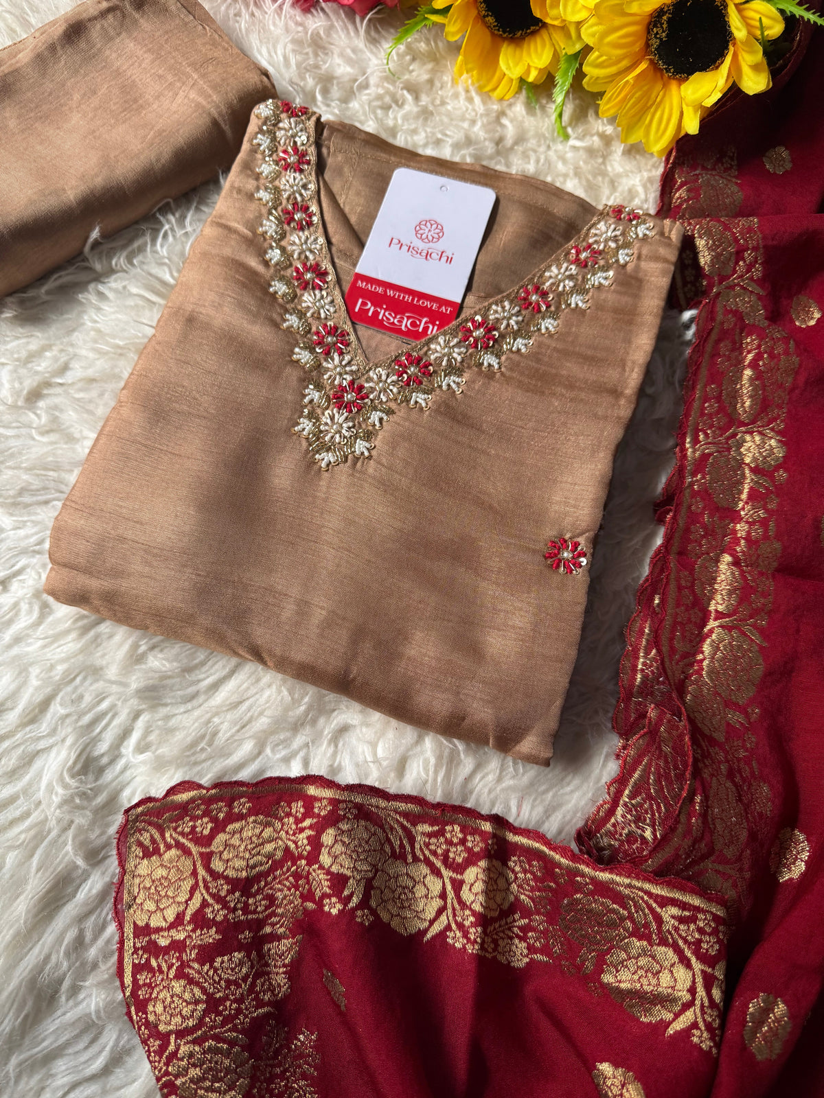 Brown Designer Kurti pant  with Banarasi Duptta