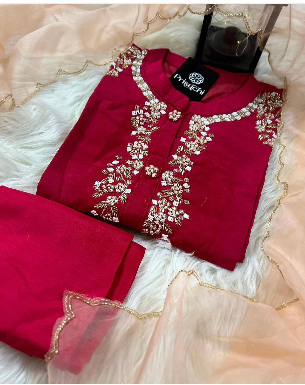 Red embroidered kurta set with dupatta