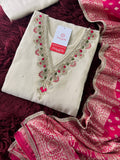 Prisachi Off White Embroidered Kurta Set with Pants And Banarasi Dupatta for Women | Designer Ethnic Suit