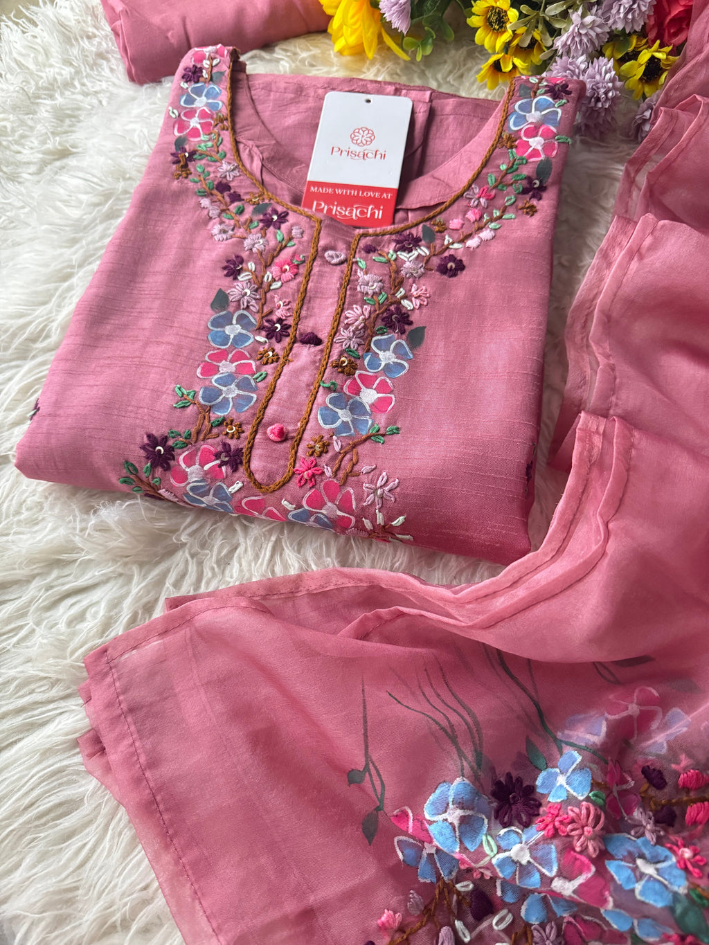 Pink Hand embroidered kurta set with dupatta
