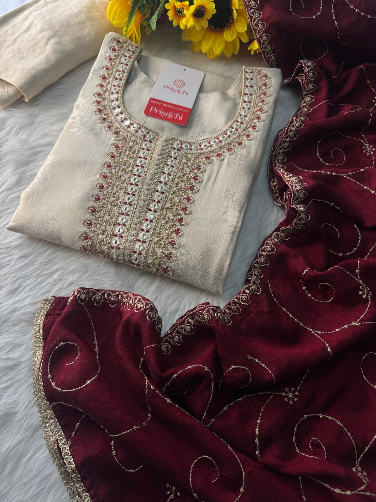 Off White Designer Embroidered Kurta set with dupatta and Pant