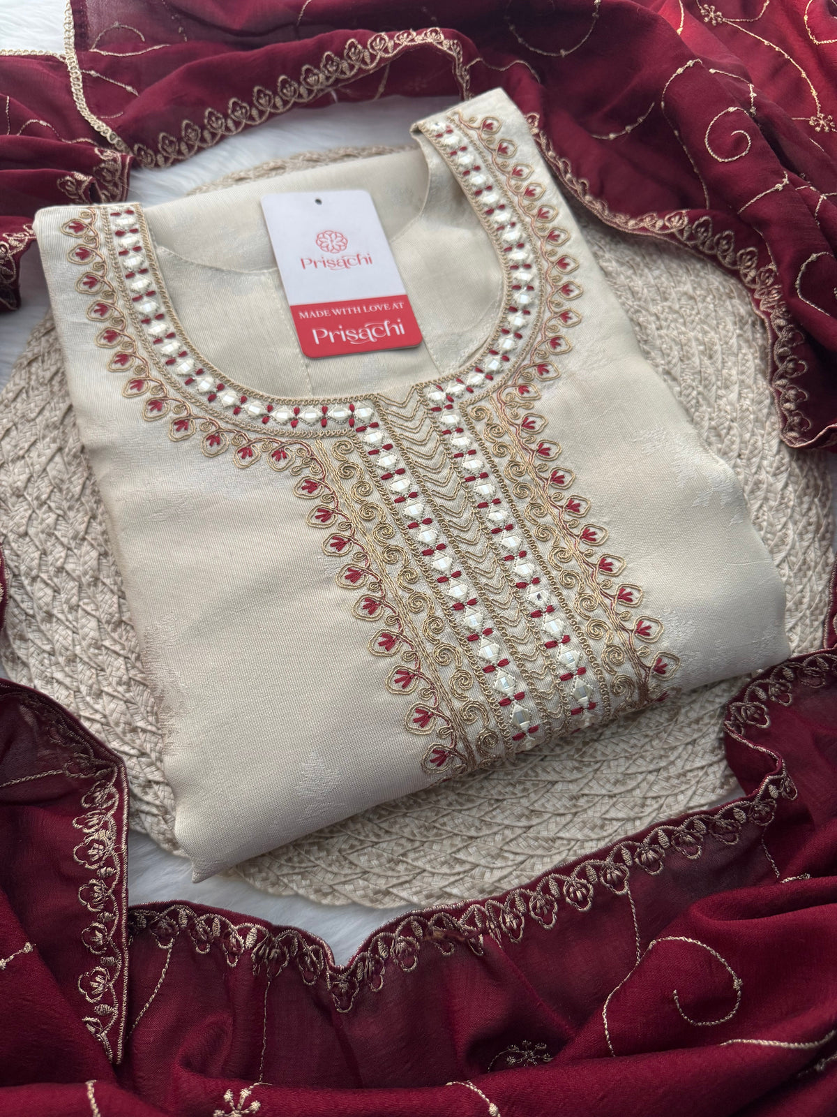 Off White Designer Embroidered Kurta set with dupatta and Pant