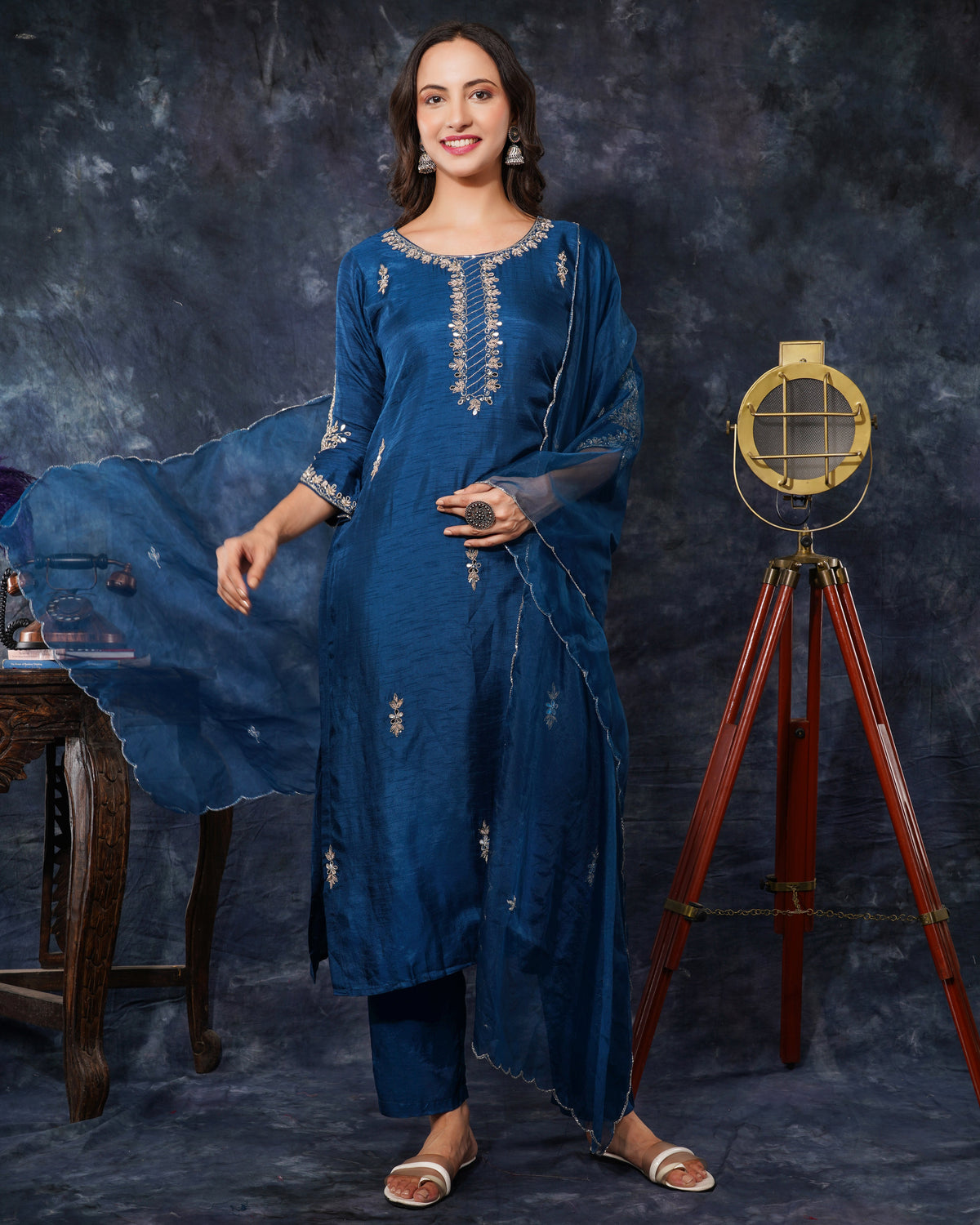 Blue embroidered kurta set with dupatta