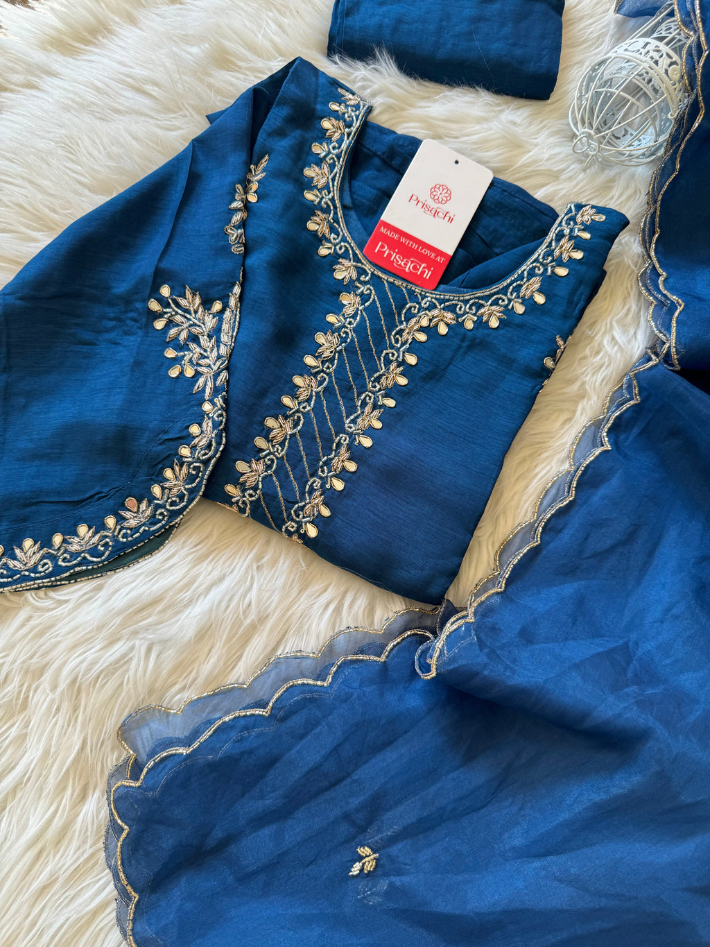 Women’s Mirror Work & Zardozi Embroidered Kurta Set with Dupatta & Pants