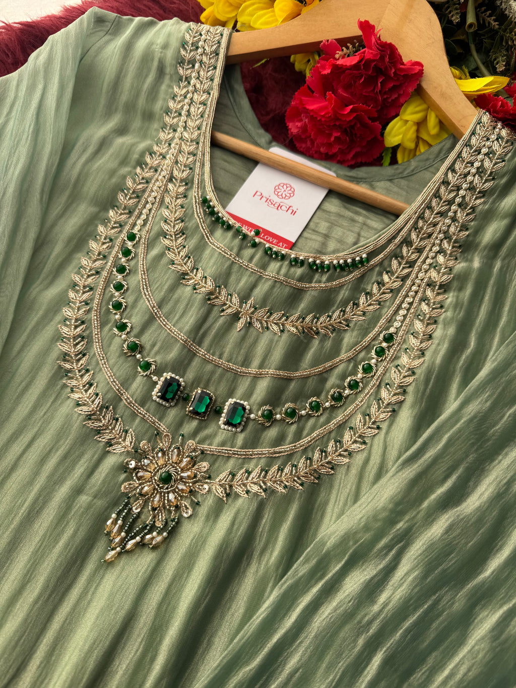 Green Zardozi Embroidered Ethnic A-Line Kurta Set for Women with Pants & Dupatta