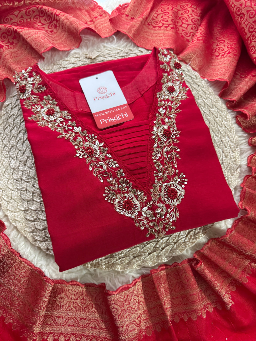 Red hand embroidered kurta pant with dupatta