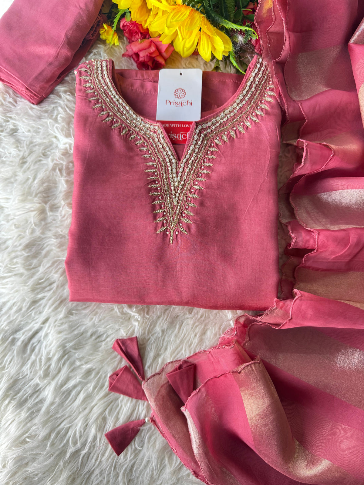 Prisachi Pink Embroidered kurta set with dupatta