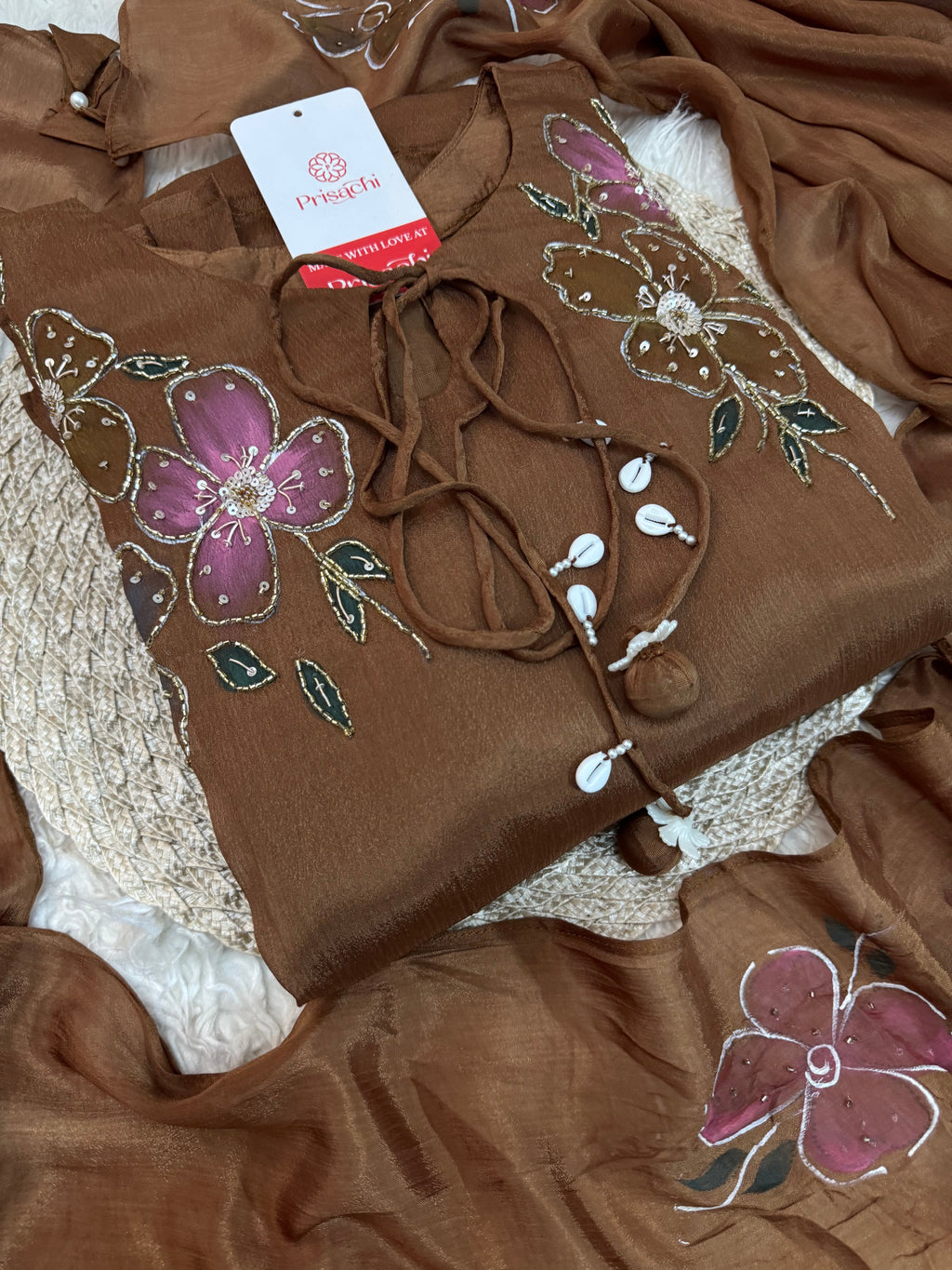 Brown hand embroidered A Line  kurta pant  with dupatta