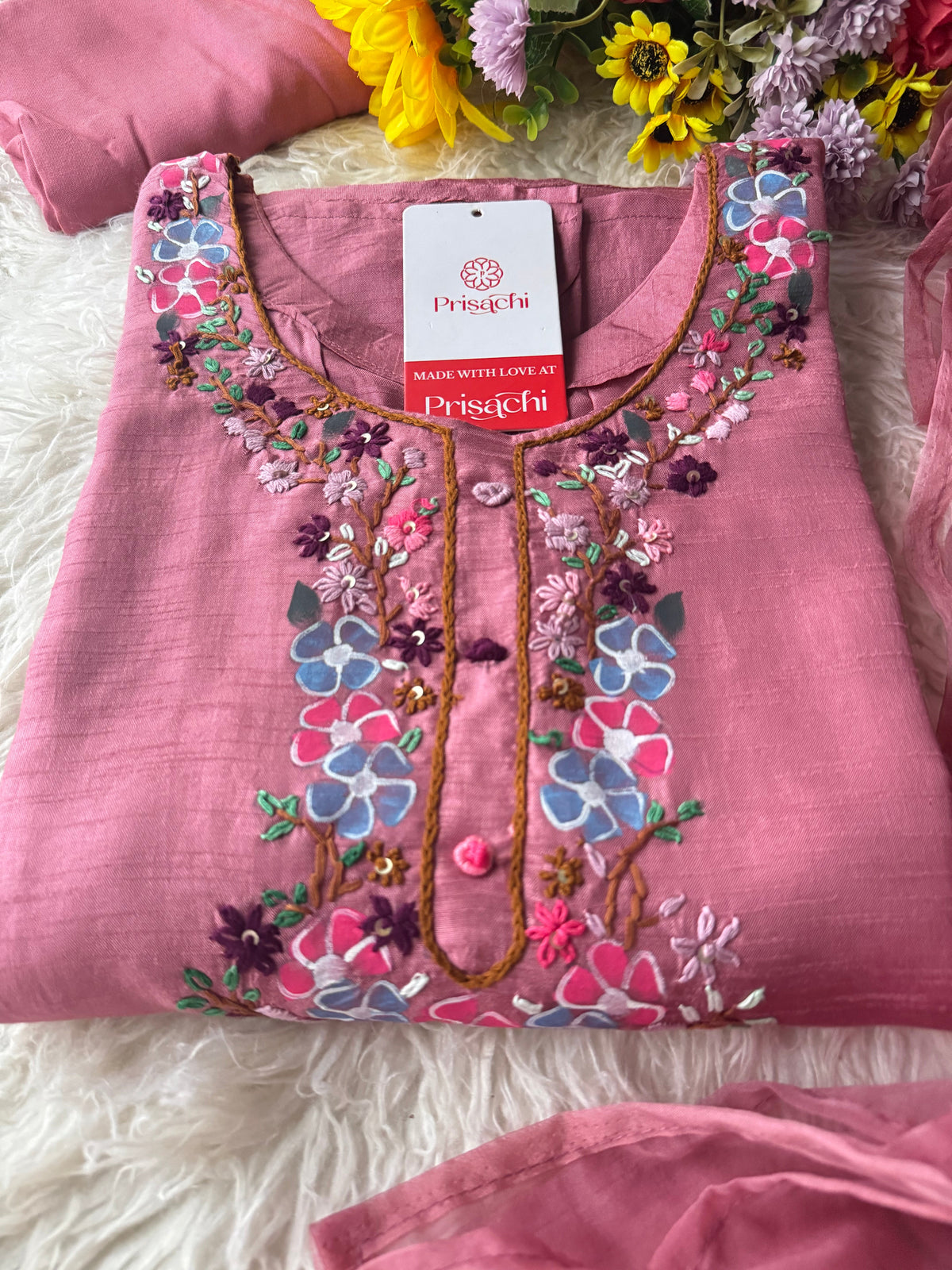 Pink Hand embroidered kurta set with dupatta
