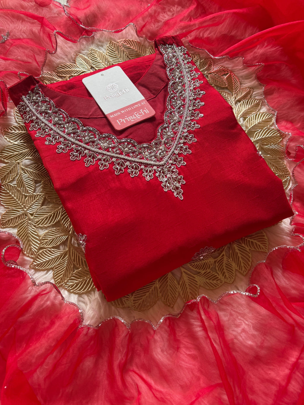 Red embroidered kurta Pant  with dupatta