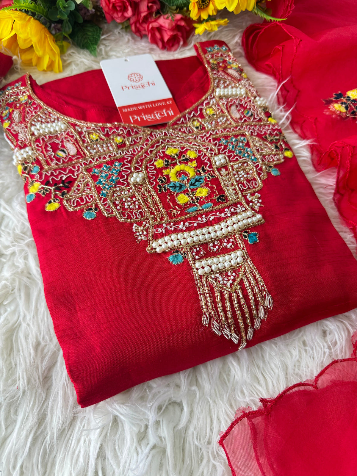 Red embroidered kurta set with dupatta