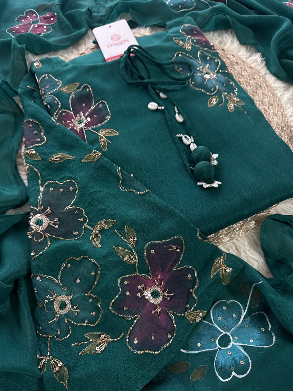 Brown hand embroidered A Line  kurta pant  with dupatta