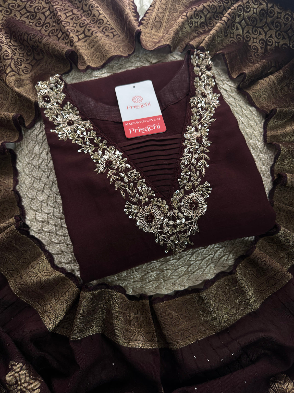 Brown hand embroidered kurta pant with dupatta