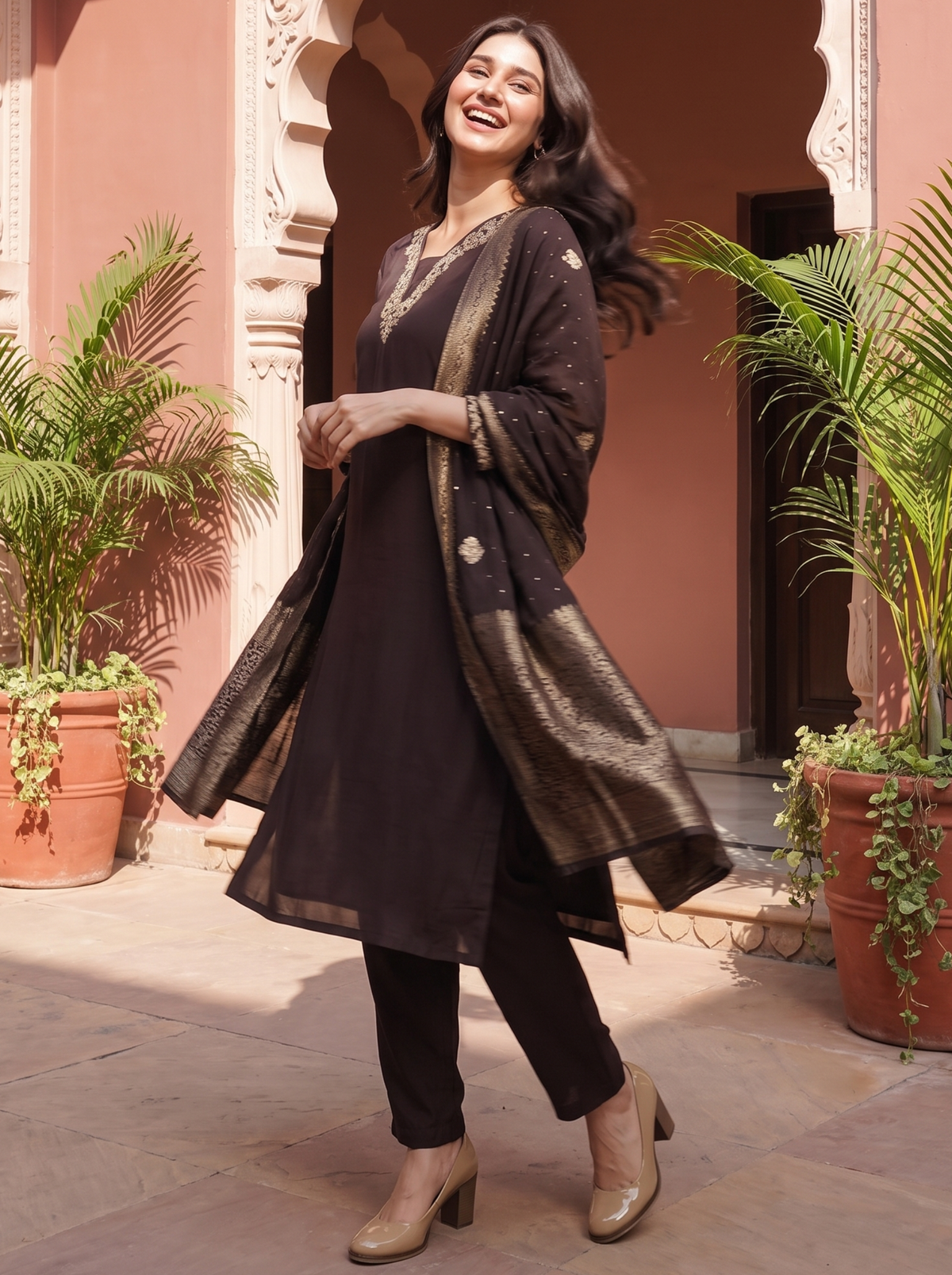Brown Zardozi Embroidered Kurta Set with Banarasi Dupatta & Pants |Festive Ethnic Suit