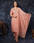 Peach embroidered kurta set with dupatta