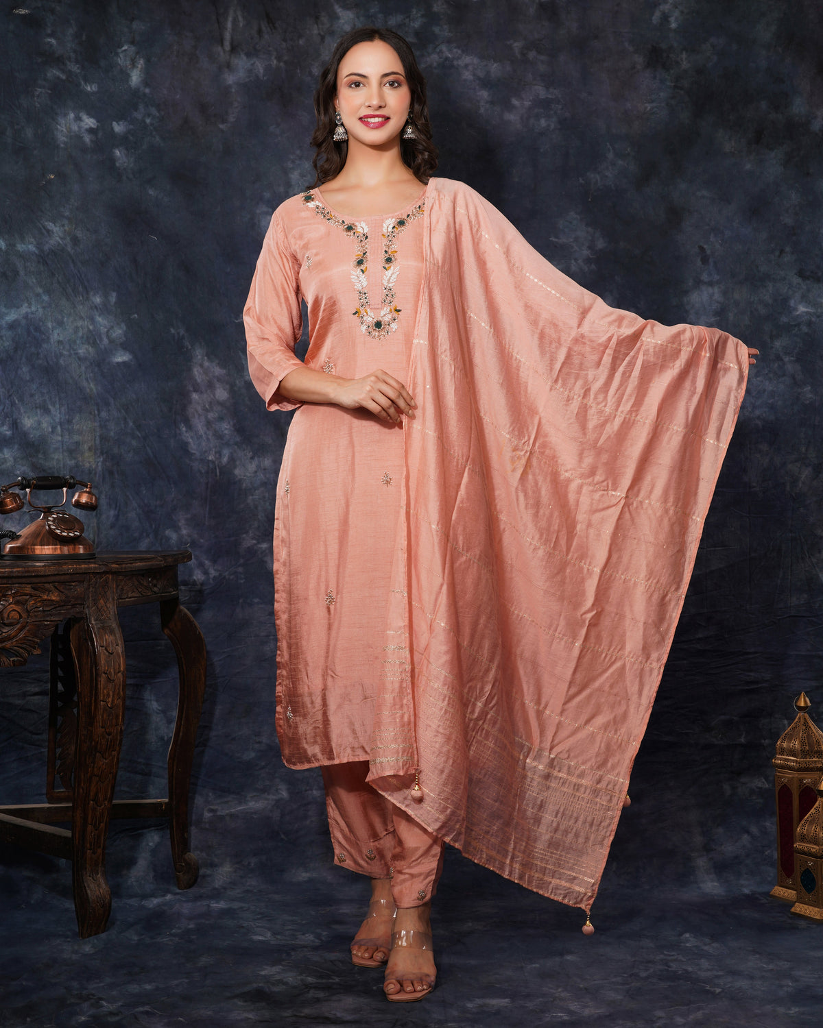 Peach embroidered kurta set with dupatta