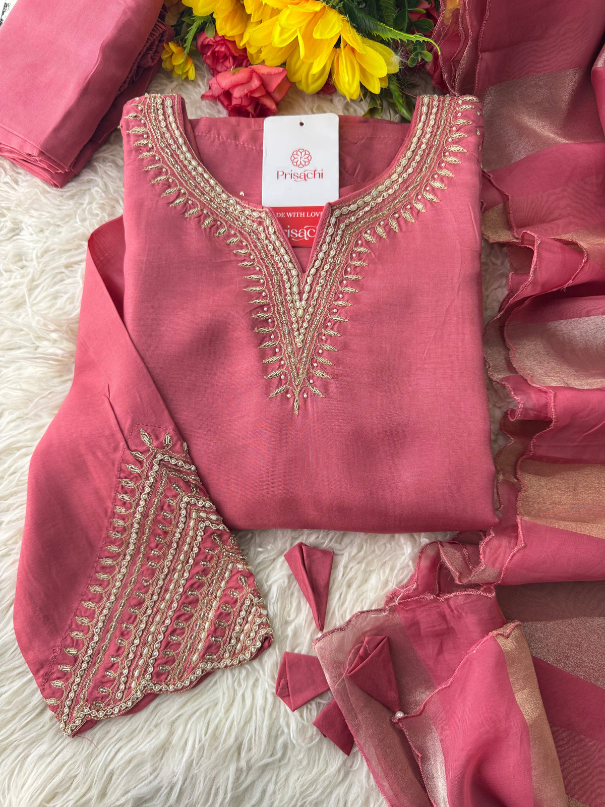 Prisachi Pink Embroidered kurta set with dupatta