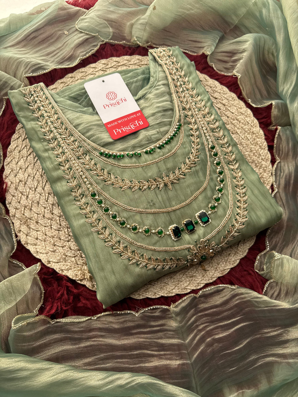 Green Zardozi Embroidered Ethnic A-Line Kurta Set for Women with Pants & Dupatta