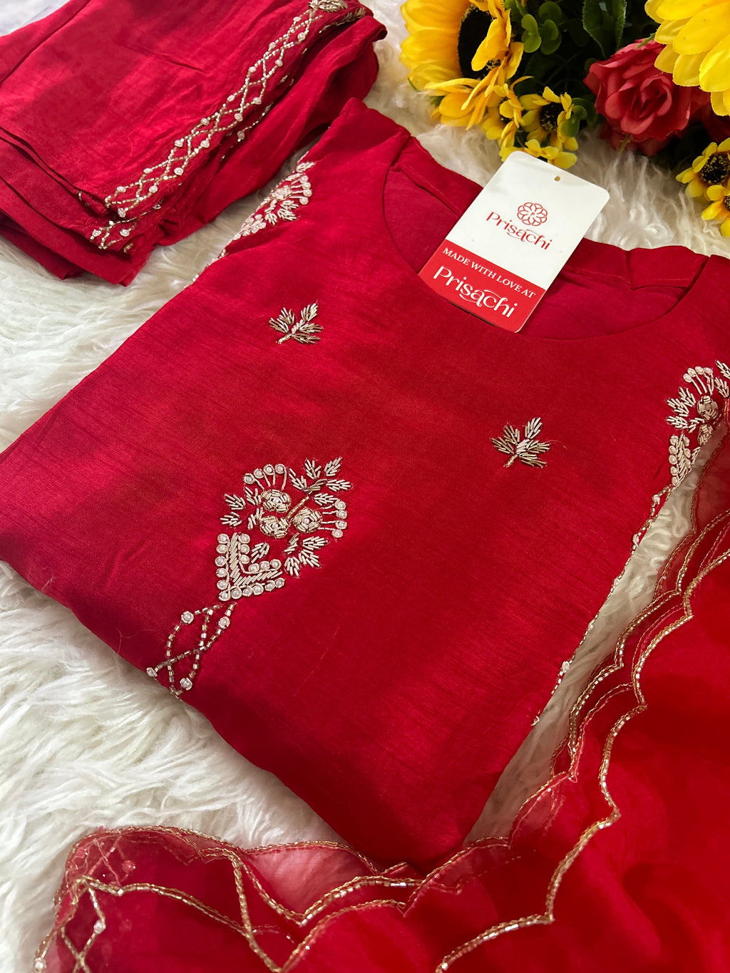Red Designer Embroidered kurta set with dupatta
