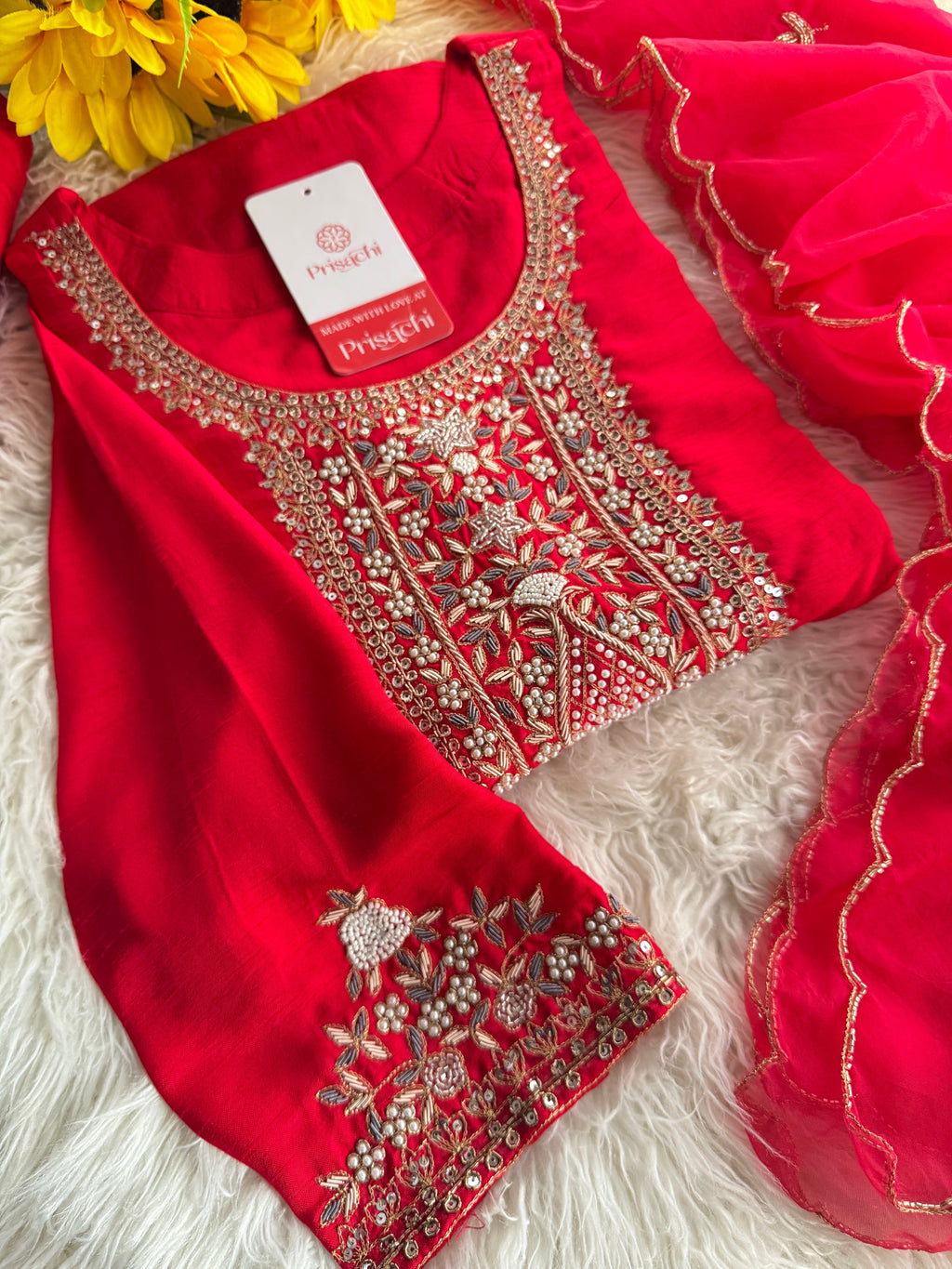 Red designer embroidered kurta set with dupatta