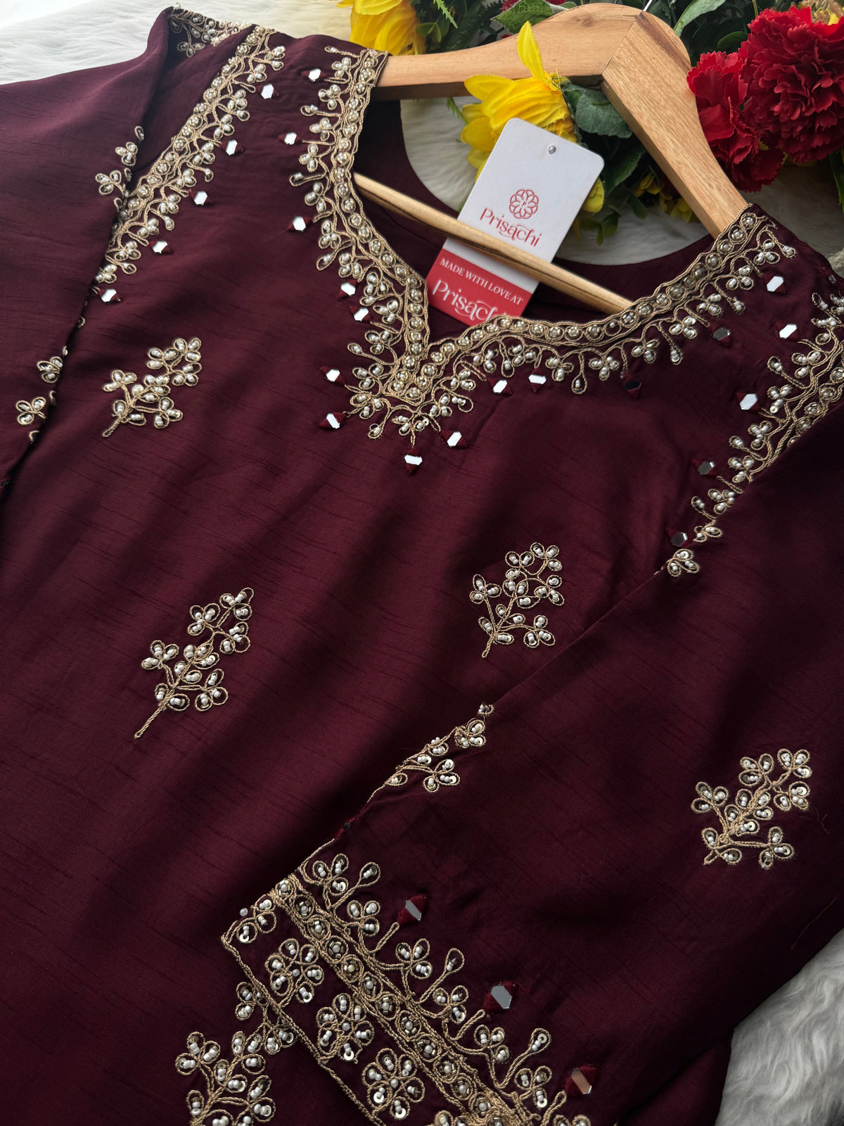 Brown hand embroidered kurta pant with dupatta