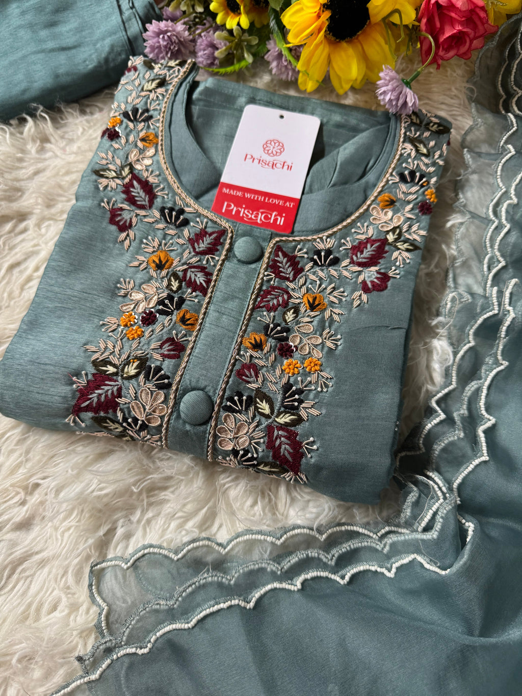 Sky blue Handwork kurta Pant  with dupatta