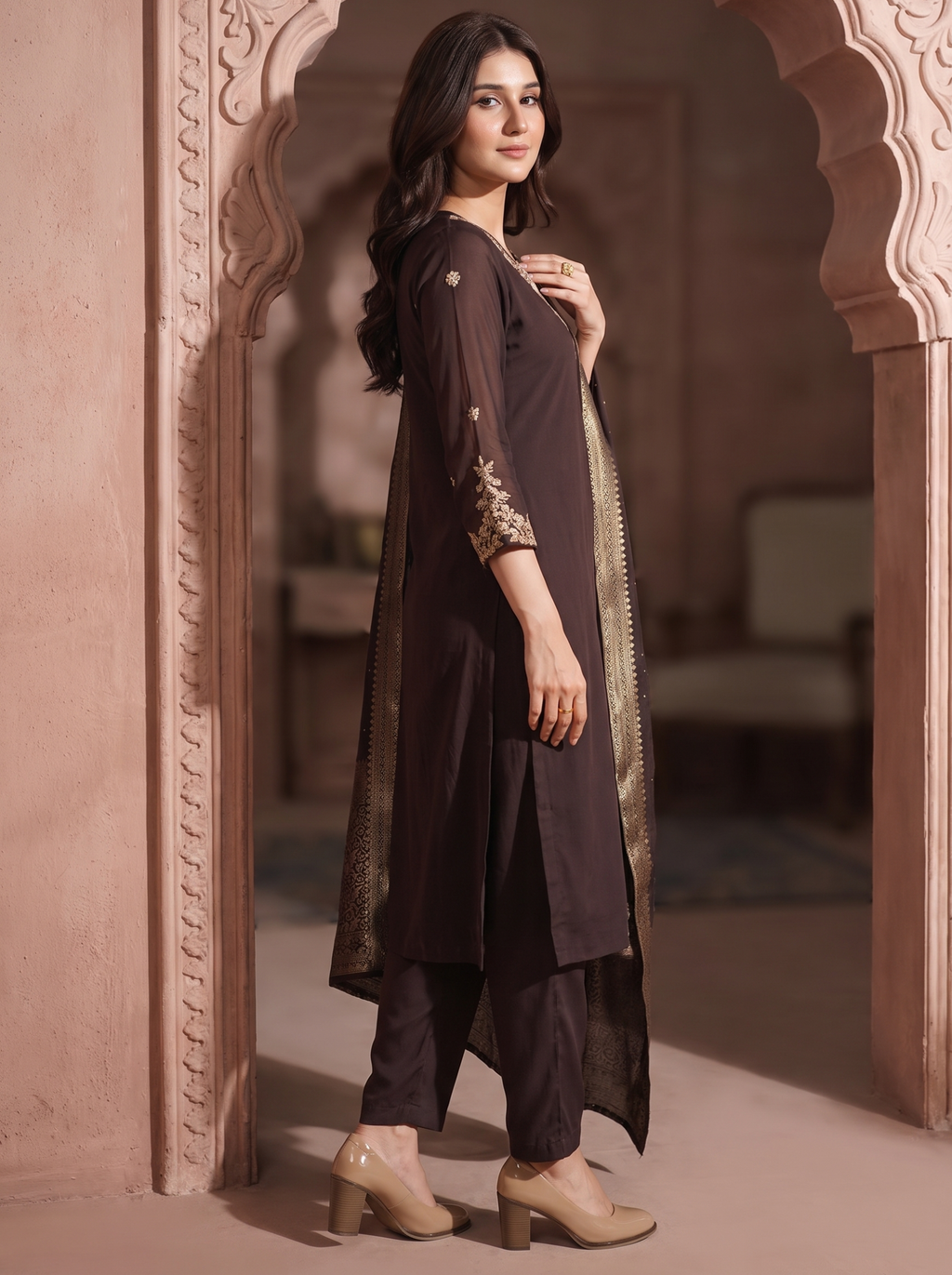 Brown Zardozi Embroidered Kurta Set with Banarasi Dupatta & Pants |Festive Ethnic Suit