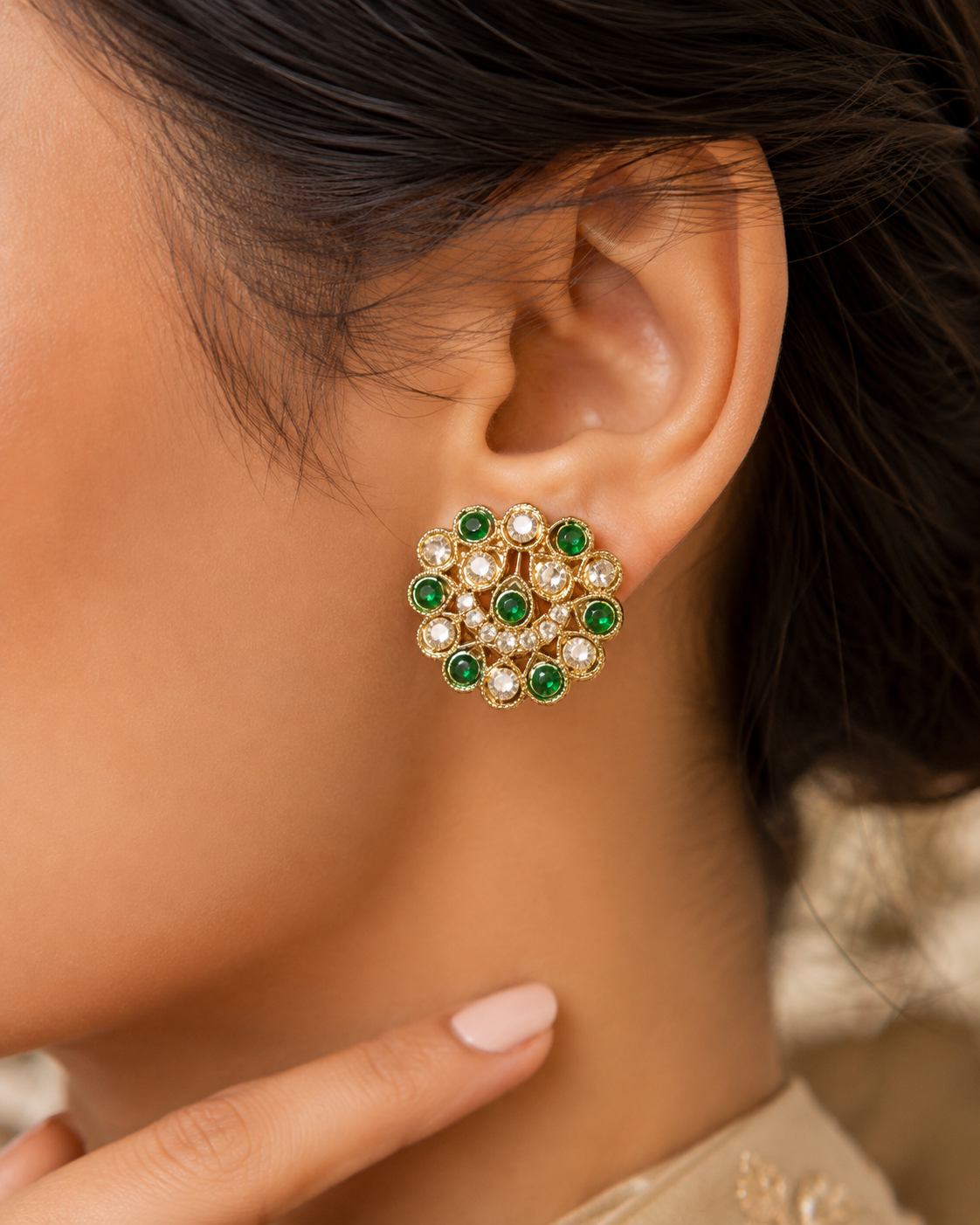 Traditional Green & White Kundan Stud Earrings for Women