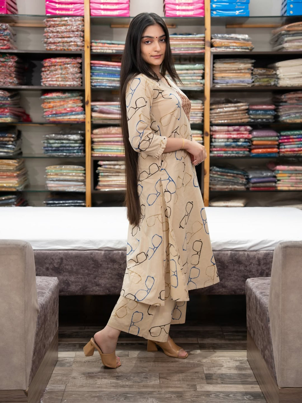 Beige Printed Cotton Kurti Palazzo Set for Women
