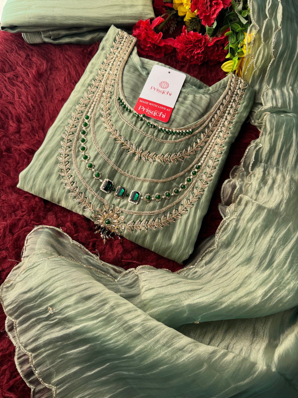Green Zardozi Embroidered Ethnic A-Line Kurta Set for Women with Pants & Dupatta