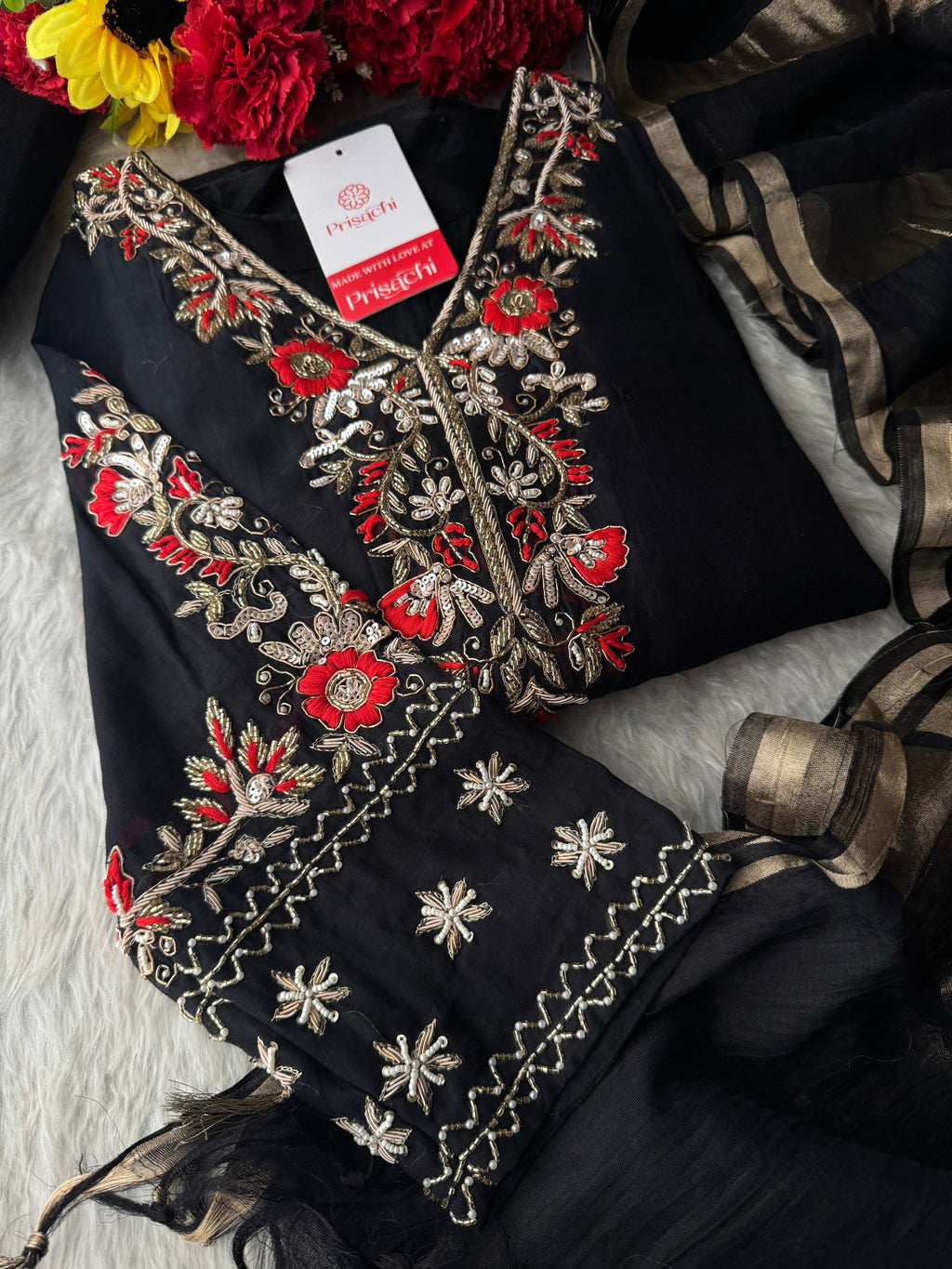 Black Embroidered Ethnic Kurta Set for Women with Pants & Dupatta