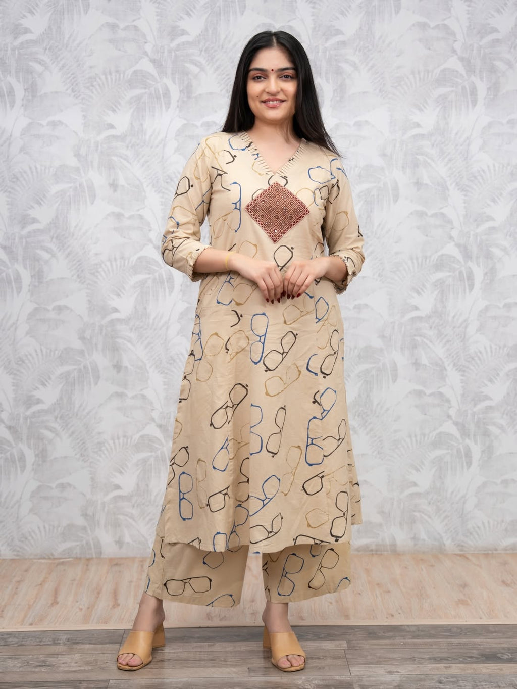 Beige Printed Cotton Kurti Palazzo Set for Women