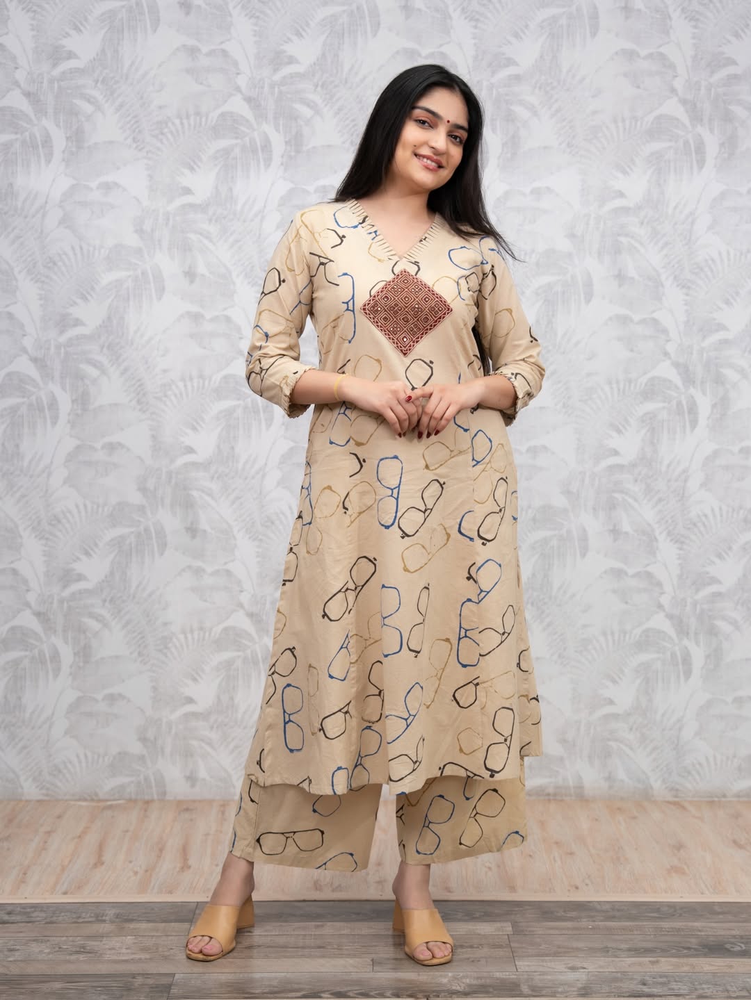Beige Printed Cotton Kurti Palazzo Set for Women