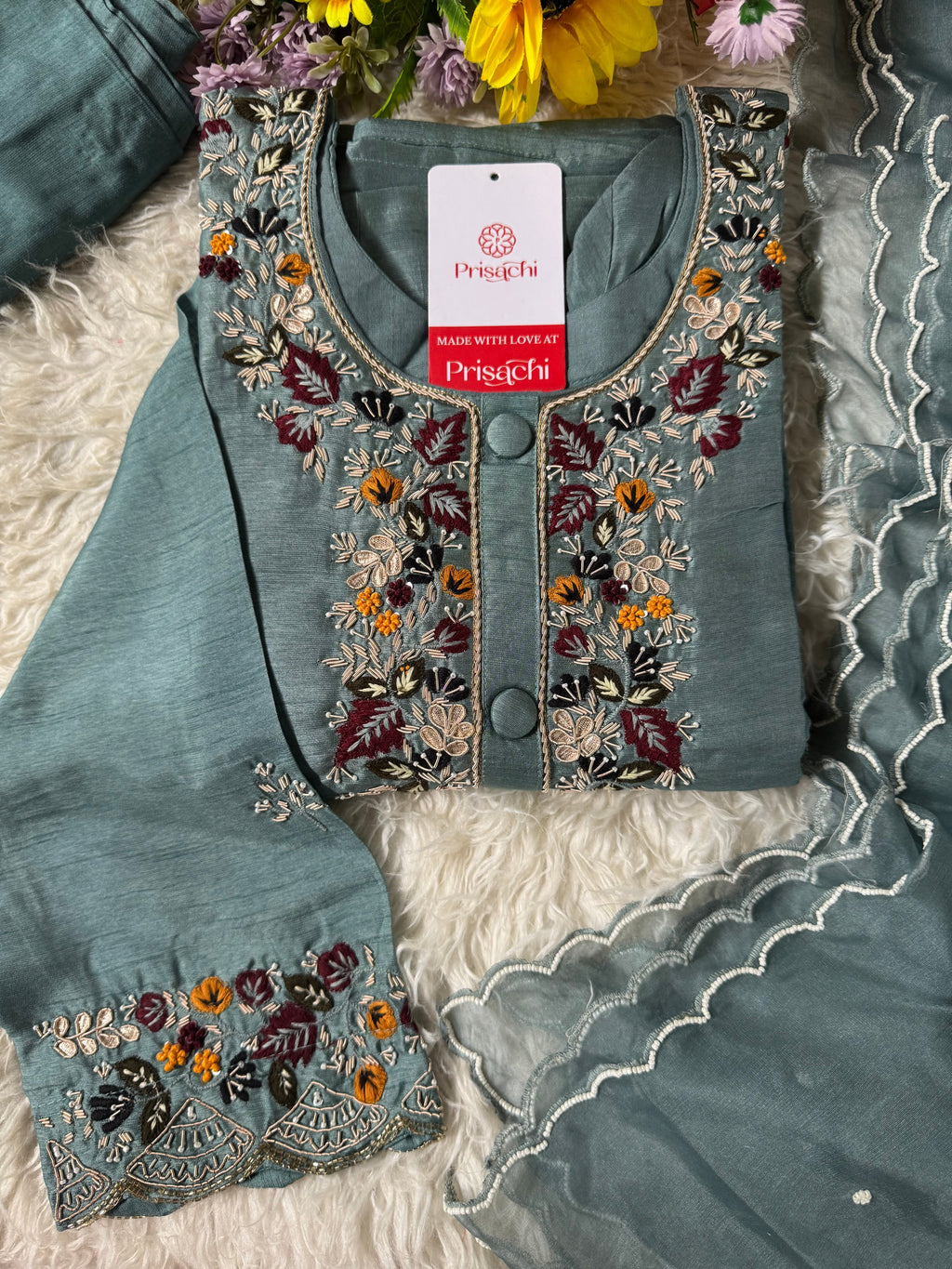 Sky blue Handwork kurta Pant  with dupatta