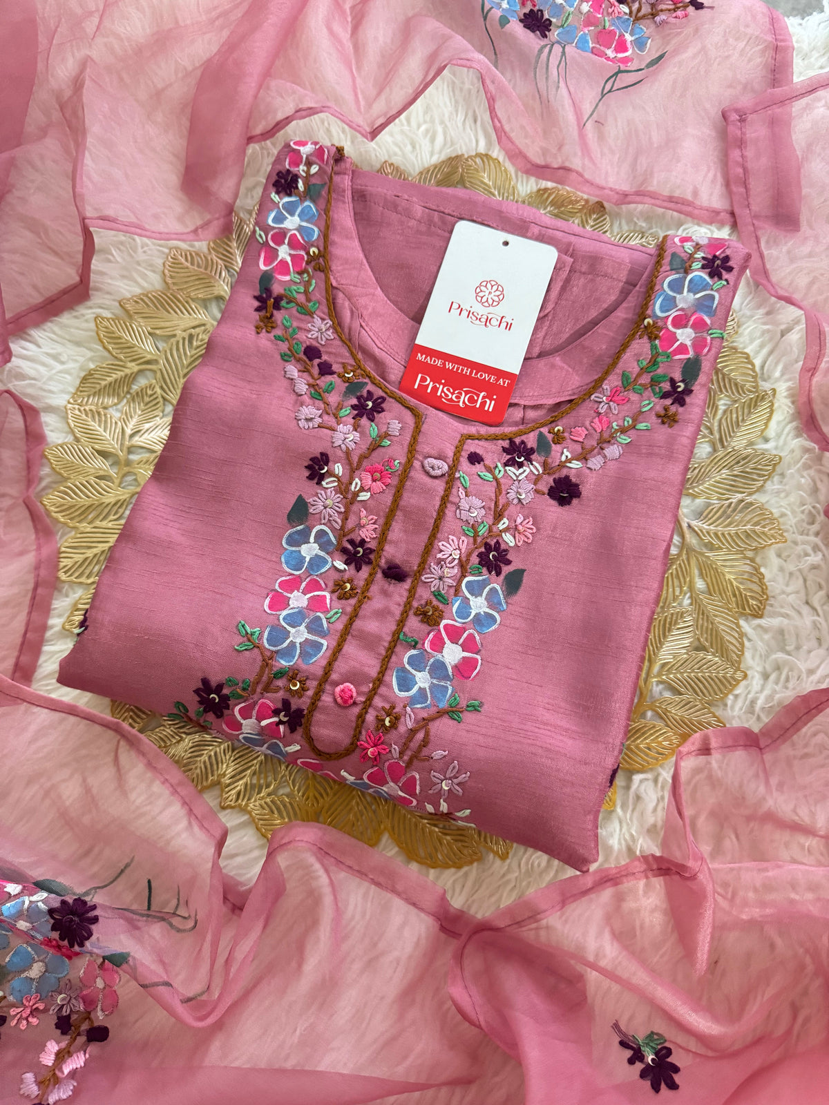 Pink Hand embroidered kurta set with dupatta